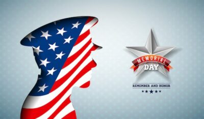 Free Vector | Memorial day of the usa  illustration. american national celebration design with flag in patriotic soldier silhouette on light star pattern background for banner, greeting card or holiday poster