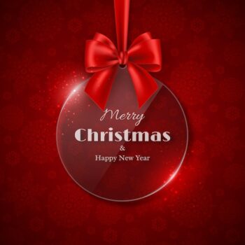 Free Vector | Merry christmas and happy new year holiday design. transparent glossy christmas bauble with bow, red background, snowflake pattern. vector illustration.