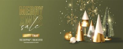 Free Vector | Modern merry christmas sale banner with realistic 3d christmas objects composition