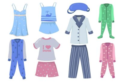Free Vector | Pajamas for kids and adults set. shirts and pants or shorts, night wear, sleeping suits isolated on white background. vector illustration for bedtime, sleeping, clothes concept