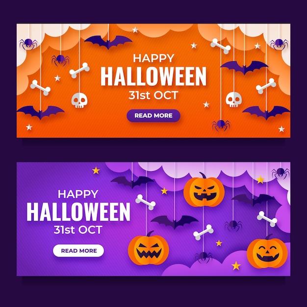 Free Vector | Paper style horizontal halloween banners set