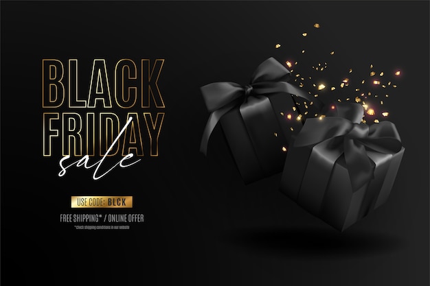 Free Vector | Realistic black friday banner with presents and confetti