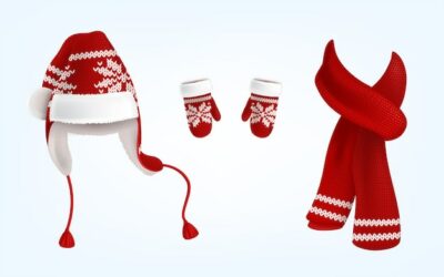 Free Vector | Realistic illustration of knitted santa hat with earflaps, red mittens and scarf