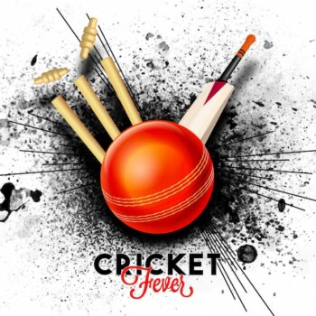 Free Vector | Red ball hitting the wicket stumps with bat on black abstract splash background for cricket fever concept.