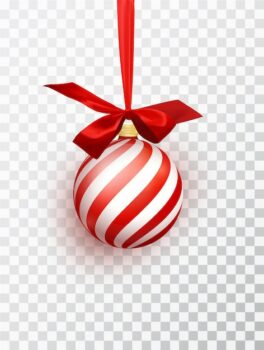 Free Vector | Red christmas ball with white diagonal stripes hanging on a ribbon with a red lush bow isolated on a transparent background.