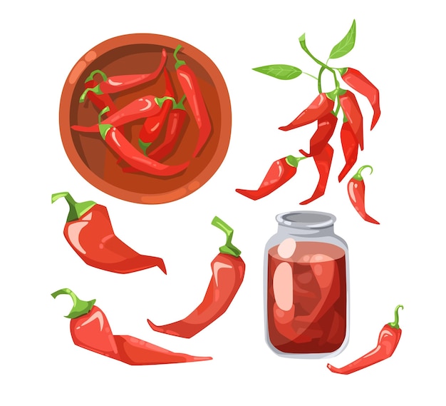Free Vector | Red hot chili peppers cartoon illustration set. pickled peppers in glass jar and bowl. vegetables with green leaves isolated on white background. spicy mexican food concept