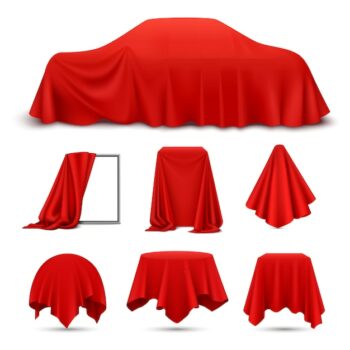 Free Vector | Red silk cloth covered objects realistic set with draped frame car hanging napkin tablecloth curtain