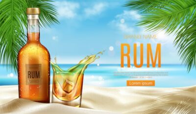 Free Vector | Rum bottle and glass with ice stand on sandy beach
