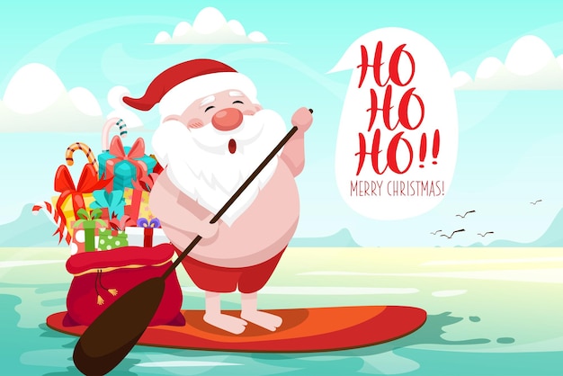 Free Vector | Santa claus rowing on surf board with gifts against tropical ocean