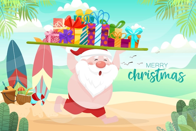 Free Vector | Santa claus wearing swim suit and carrying a surfboard with gift boxes running on the beach