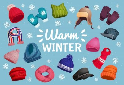 Free Vector | Seasonal winter scarf hats horizontal background composition with snowflakes ornate text and isolated warm clothing images  illustration