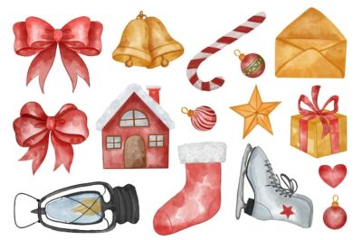 Free Vector | Set of asset christmas watercolor illustration