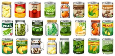 Free Vector | Set of different canned food and food in jars isolated