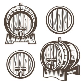 Free Vector | Set of vintage wooden barrels in different foreshortening. monochrome style. isolated on white back ground