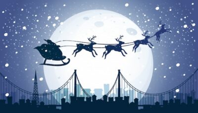 Free Vector | Silhouette santa and reindeer flying night sky