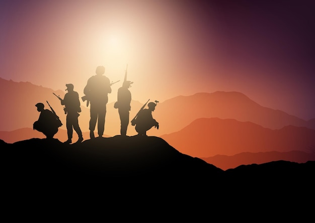 Free Vector | Silhouettes of soldiers on lookout in sunset landscape