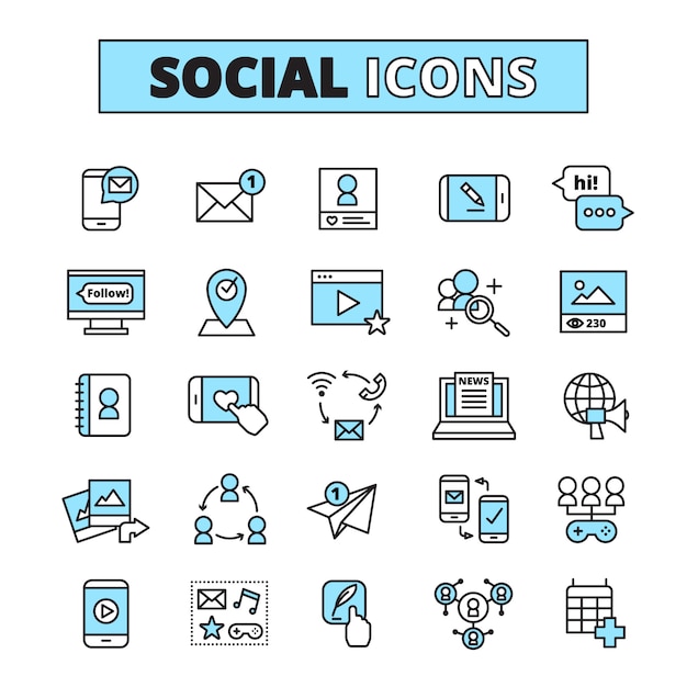 Free Vector | Social media line icons set for internet community email communication and group network share isolated