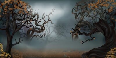 Free Vector | Spooky halloween autumn fantasy forest in fog realistic background illustration
