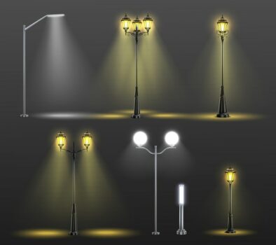 Free Vector | Street lights realistic composition set with six different styles and light from bulbs  illustration