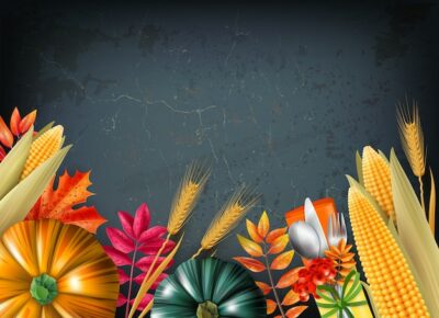 Free Vector | Thanksgiving day background with multicolored 3d and realistic pumpkins and orange leaves vector illustration