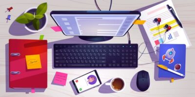 Free Vector | Top view of workspace with computer, stationery, coffee cup and plant on wooden table.