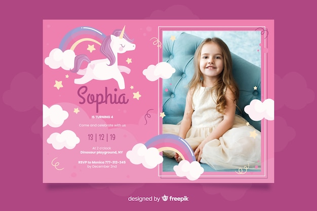 Free Vector | Unicorn birthday invitation template with photo