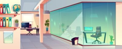 Free Vector | Vector cartoon illustration of bright office, modern workplace with transparent glass wall and tile