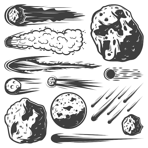 Free Vector | Vintage meteors collection with falling comets asteroids and meteorites of different shapes isolated