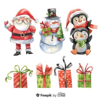 Free Vector | Watercolor christmas element collection and characters