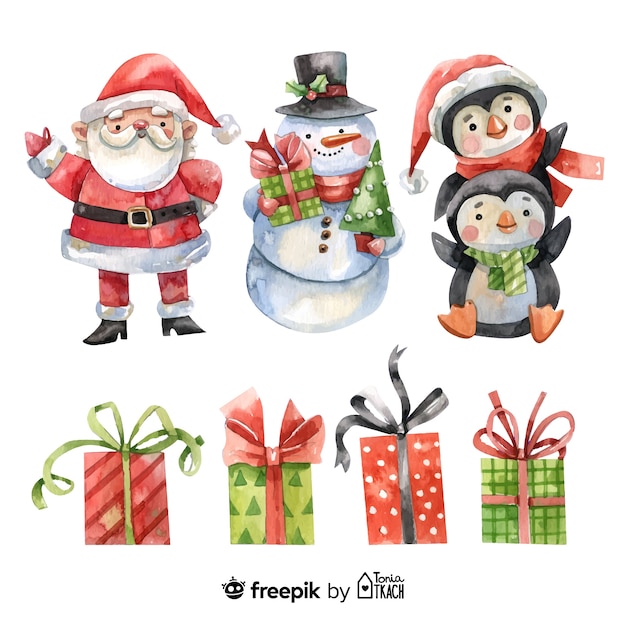 Free Vector | Watercolor christmas element collection and characters