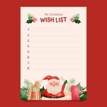 Free Vector | Watercolor wish list template with santa claus