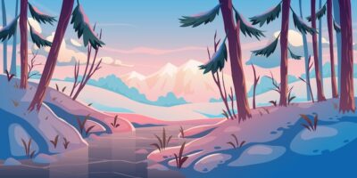 Free Vector | Winter forest with frozen river.