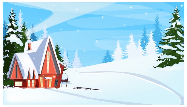 Free Vector | Winter landscape with cottage and fir-trees illustration