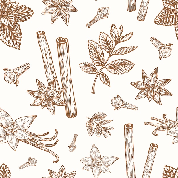 Premium Vector | Hand drawn anise, mint, cinnamon, clove and vanilla vector seamless background pattern