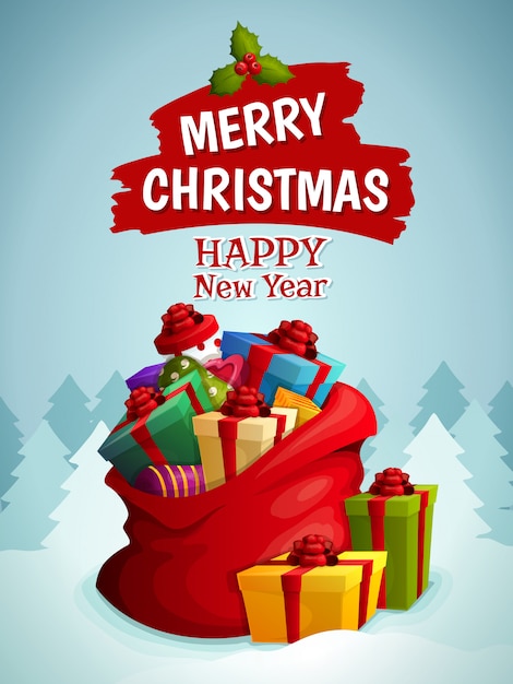 Free Vector | Merry christmas and happy new year greeting card with bag full of gifts illustration