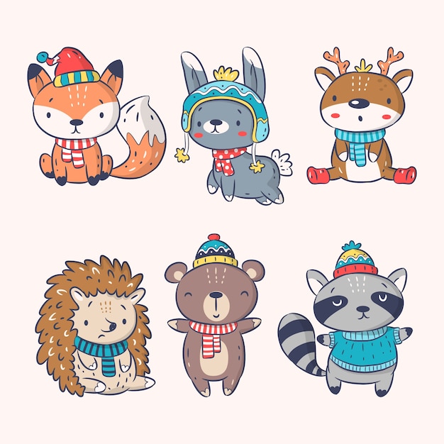 Free Vector | Hand drawn winter animals collection