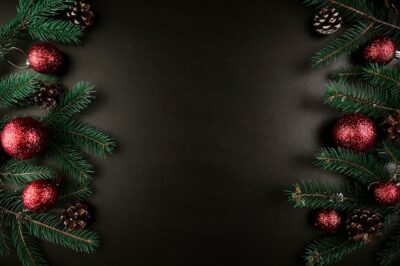 Free Photo | Christmas composition of green fir tree branches with red baubles