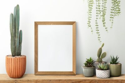 Free Photo | Wooden picture frame on a shelf with cactus
