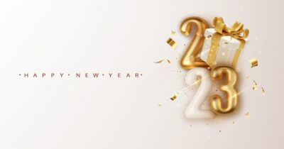 Free Vector | 2023 gold numbers with christmas gift box new year banner with decoration for christmas and winter holiday party flyers