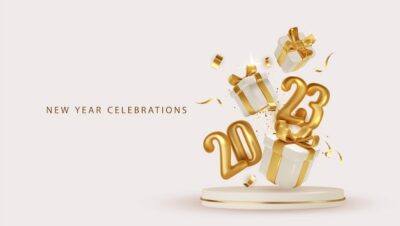 Free Vector | 2023 happy new year 3d realistic gift box with golden metal number fly over the podium christmas poster banner cover card brochure flyer layout design