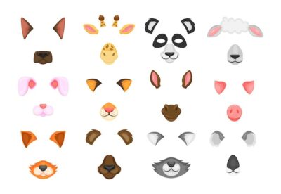 Free Vector | Animal face masks for video and photo set. vector illustrations of selfie filters with ears and noses. cartoon funny muzzles of dog cat rabbit pig bunny sheep isolated on white. chat game concept.