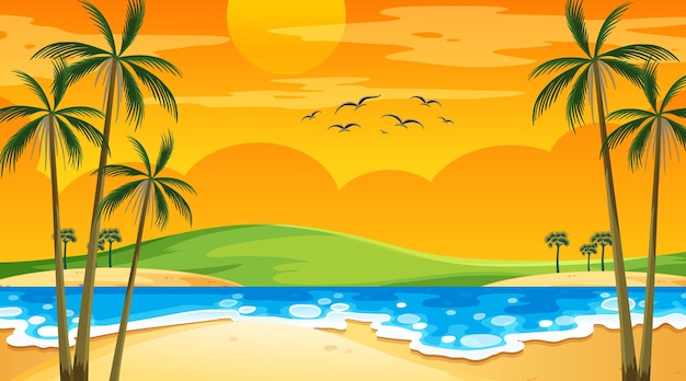 Free Vector | Beach at sunset time landscape scene with palm trees
