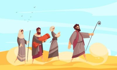 Free Vector | Bible narratives composition with desert scenery and character of moses leading people the way through sands  illustration