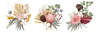 Free Vector | Boho dried flowers bouquets with composition of three isolated bouquets with wild flowers and domestic corn illustration