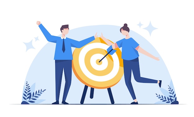 Free Vector | Business target achievement concept the young businessman is happy that the business is as successful as an arrow that shoots accurately into the center of the target vector illustration