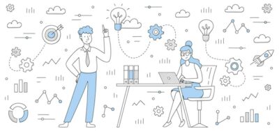 Free Vector | Business team develop idea doodle concept colleagues work together with laptop thinking creative solutions with infographic icons around people teamwork brainstorm in office line vector illustration