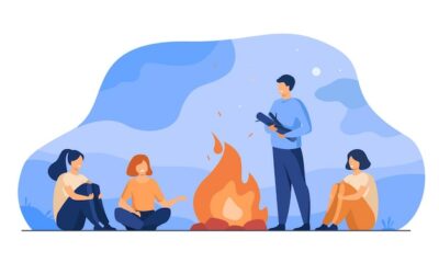 Free Vector | Campfire, camping, story telling . cheerful people sitting at fire, telling scary stories, having fun. for summer outdoor activities or leisure time with friends topics