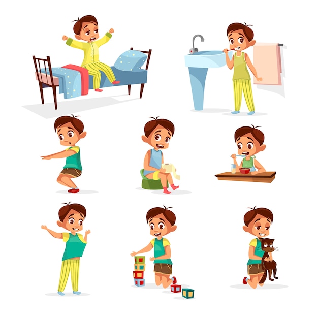 Free Vector | Cartoon boy daily routine activity set. male character wake up, stretch, brushing teeth