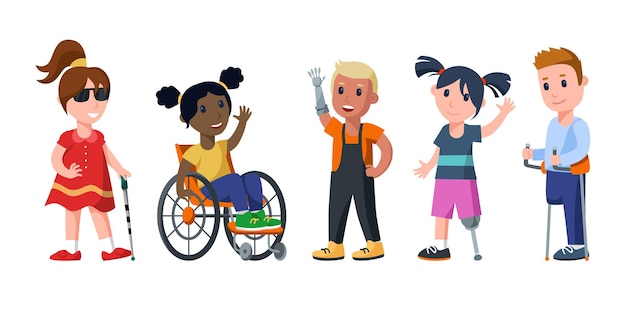 Free Vector | Cartoon kids with physical disabilities vector illustrations set. blind girl with walking stick, child on wheelchair, children with prosthetic arm, leg, foot. disability, health, accessibility concept