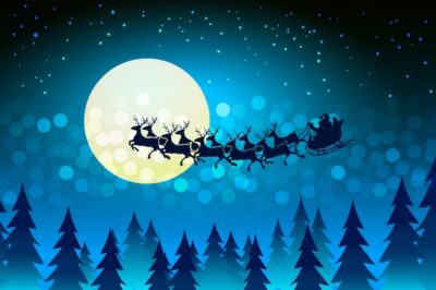 Free Vector | Christmas background with santa driving his sleigh across the face of the moon on a starry cold winter night surrounded by a bokeh of sparkling lights and stars  copyspace